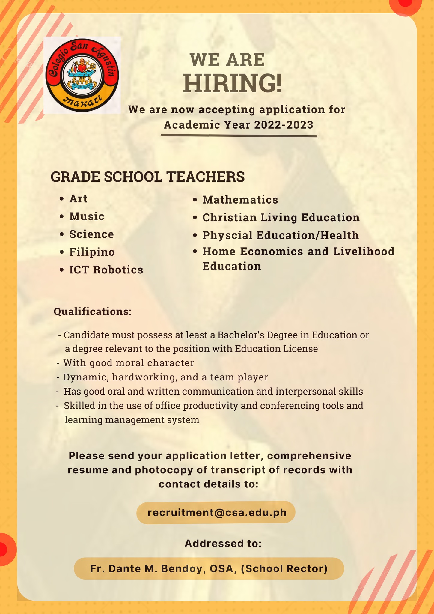 We Are Hiring for AY 2022 - 2023 – Colegio San Agustin Makati