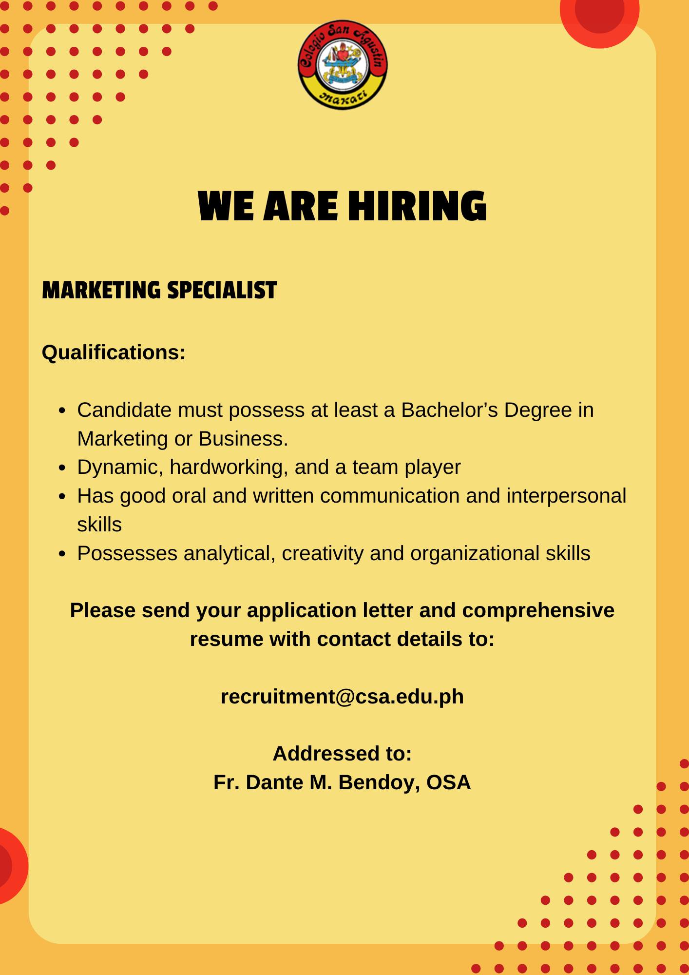 Marketting Specialist Date posted: July 16, 2025